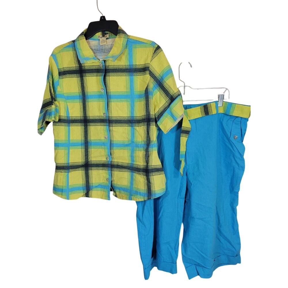 NWT Design Loft Blue Yellow Plaid Linen Blend Button Shirt & Shorts Set Women 2X
